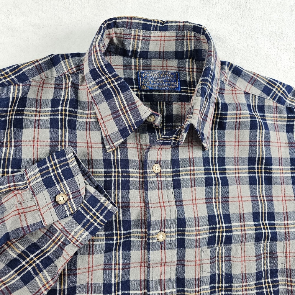 Vtg Pendleton Shirt Mens L Plaid Wool Flannel Button Up USA 90s Gray Blue Yellow